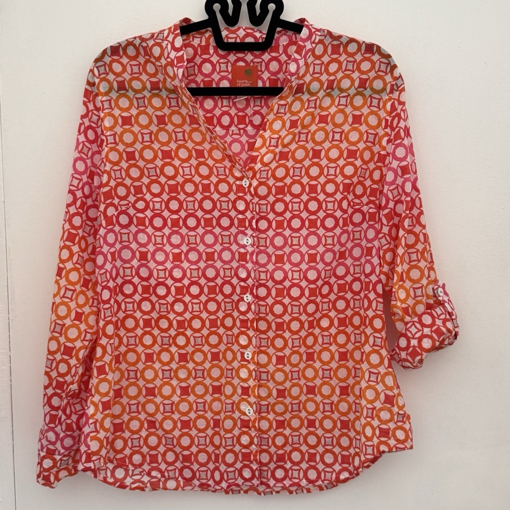 HEARTS OF PALM Blouse Womens 12 Orange Roll-Up Sleeve 100% Cotton Arsty Colorful